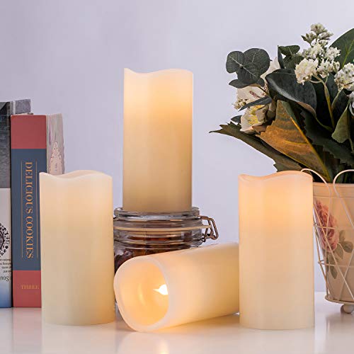Aku Tonpa Flameless Candles Battery Operated Pillar Real Wax Flickering Electric LED Candle Gift Set with Remote Control Cycling 24 Hours Timer, Warm White Lights, 3"x6" Pack of 4