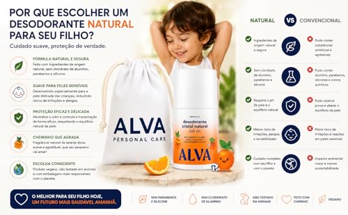 Desodorante natural em barra Camomila 33g e Desodorante cristal natural roll on Laranja Doce 50ml Sem aluminio Kids Infantil Crianças
