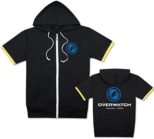 Adult Unisex Overwatch Game Anime Short-Sleeved Cotton Zipper Hoodie T-shirt Black Hanzo Yellow XXL