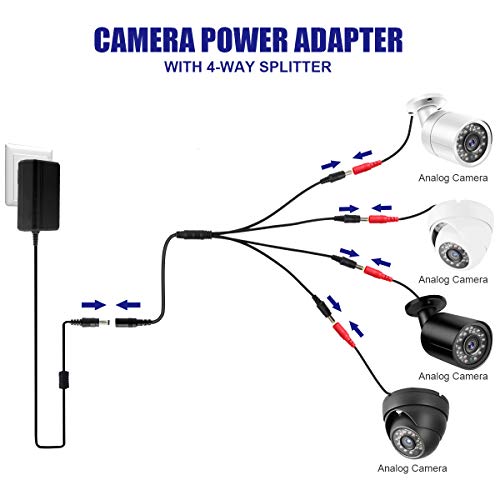 Dericam DC 12V 2A Power Supply Adapter / 1 Female to 4 Male Power Splitter Power Cord, Fits DVR/Security Camera, 5.5x2.1mm, Input AC 100-240V~50/60Hz 1A, Output DC 12V 2A, US Plug, 12V2A-4B, Black - Thumbnail 6