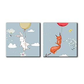 Square Canvas Wall Art of Children Painting Balloon Descending Bunny and Fox | 12"x12" x 2 Panels