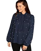 Milumia Women's Plus Tie Neck Long Bishop Sleeve Shirts Blouse Tops Navy 0XL