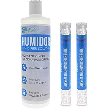 Humidor Solution & Cigar Humidor Humidifier Combo, (Humidifier Gel & Solution) 16oz Propylene Glycol and Cigar Humidifier for 75-250 Cigars by Essential Values