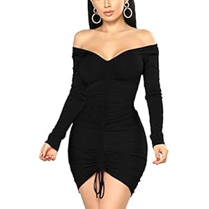 XXTAXN Women’s Sexy Elegant Long Sleeve Off The Shoulder Ruched Mini Dress