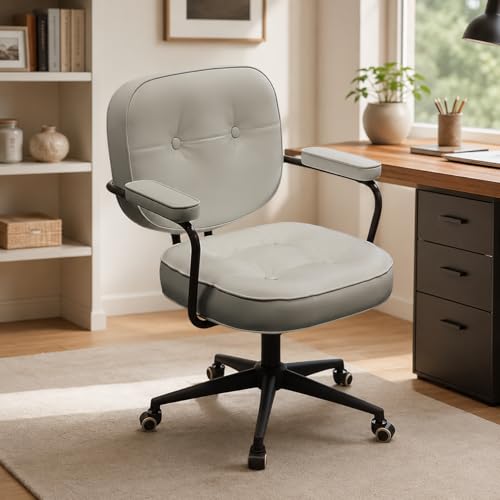 Retro Office Swivel Chair, Height Adjustable Faux Leather Desk Chair with Backrest, Padded Armrests, Tufted Cushion and Rolling Wheels for Home Office, Study Room, Bedroom, Khaki