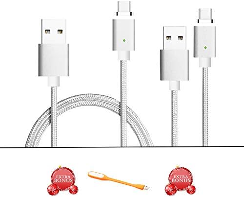 2 Pack CoolKo Newest Strongest Magnet 2.4 A, 5 Feet (1.5M) Silver Magnetic Braided Fastest Charging & Data Sync Cables for Type C Smartphones and Tablets with Special Bonus USB LED Light