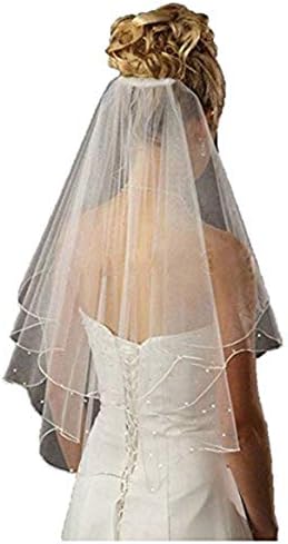 Fishlove Cute 2 Tiers Pearl Beaded Ribbon Edge Tulle Bridal Wedding Veils With Comb V26
