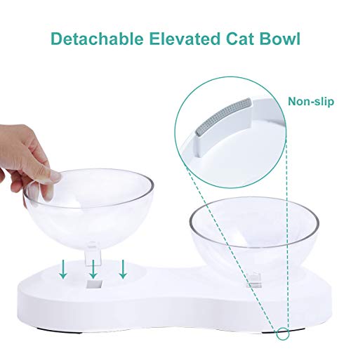 ELSPET Raised Cat Dog Bowl/Cat Dish/Elevated Cat Food Water Bowl, 0°/20° Tilted Transparent Raised Pet Feeding Bowl with Anti-Slip Base for Cat and Small Dog (Cat Single Bowl/Cat Double Bowls)