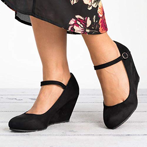 Fashion Respctful✿ Women's Mary Jane Closed Round Toe Buckled Strap Ankle Strappy Wedge Pump Black