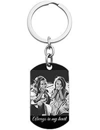 Queenberry One Side Photo + One Side Text Personalized Engraved Stainless Steel Custom Dog Tag Key Chain - Handmade