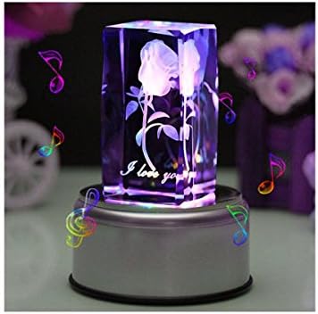 Crystal 3D Rose Flower Colorful Rotating Music Box Engraved I Love You, 18 Non-Replaceable Absolute Music