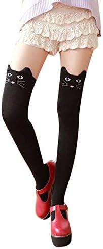 Women's Soft Cute Cat Stockings Over Calf Knee High Animal Cartoon Socks Black