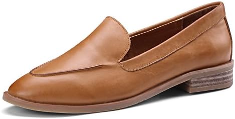 ONEENO Loafers for Women Comfort Casual Slip on Low Heels Cowhide Leather Flat Shoes Brown Yellow Size 8.5 US