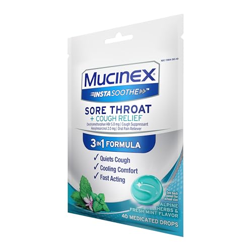 MUCINEX INSTASOOTHE SORE THROAT + COUGH RELIEF ALPINE HERBS & MINT FLAVOR, FAST ACTING, COOLING COMFORT, POWERFUL SORE THROAT ORAL PAIN RELIEVER, 40 MEDICATED DROPS