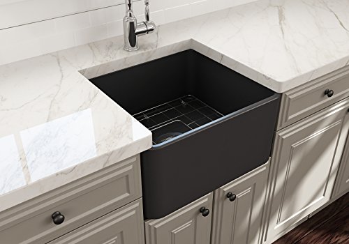 BOCCHI Classico Farmhouse Apron Front Fireclay 20 in. Single Bowl Kitchen Sink with Protective Bottom Grid and Strainer in M.Dark Gray