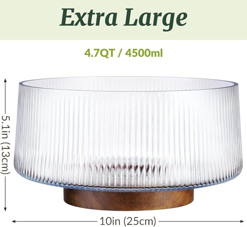 SLEEPHEAD® Extra Large Glass Salad Bowl with Natural Acacia Wood Base, Ribbed Design Oversized Capacity for Family Dinners, Parties, Multipurpose for Serving Salads, Fruits, Wine