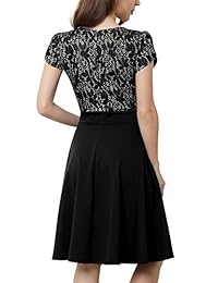 Miusol Vestido para mujer con elegante escote en V, con detalle de encaje floral que contrasta, vestido de cóctel para fiesta