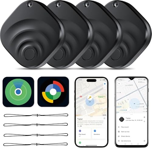 TiMu 4 Pack Dual System GPS Tracker Android & iOS, Key Finder Compatible with Google Find Hub and Apple Find My, Air Tracker Smart Tag for Keys/Luggage/Suitcases/Bags (4 Black)