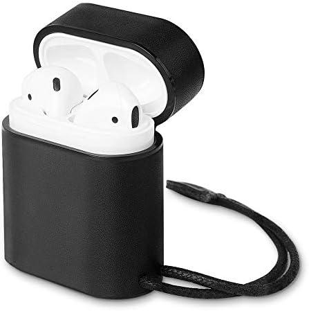 AirPods Case Genuine Leather Cover - OBOR Premium Leather Full Protective Cover Skin Compatible Airpods Charging Case with Carrying Strap for Apple AirPods (Black)