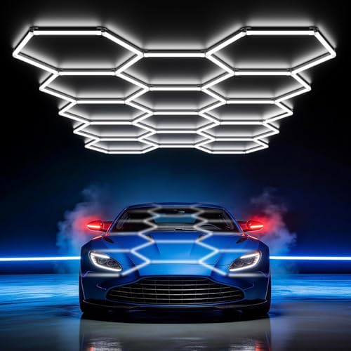 HYPERLITE Gen 2 Hexagon Garage Lights: 399W 39900LM 14 Grids Hexagon Led Light, 6500K Ultra Bright Honeycomb Hex Lights, Easy Install, Durable Design for Garage, Car Detailing, Workshops, Shops, Gym