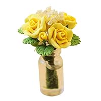 discountstore145 Dollhouse Accessory,Model Role Realistic Fine Workmanship Mini 1/12 Scale Dollhouse Miniature Rose Flower in Glass Vase Room Table Decor Toy for Dolls House Yellow