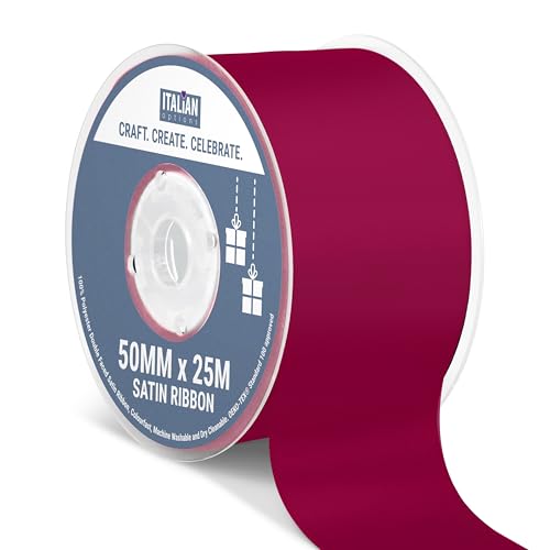 Italian Options Satin Ribbon, Fabric Ribbons for Gift Wrapping, Crafting, Balloons, Wedding Car, Presents, Cake, Christmas, Birthday, Gift Wrap Accessories, 50mm Wide x 25 Metre Roll, Burgundy