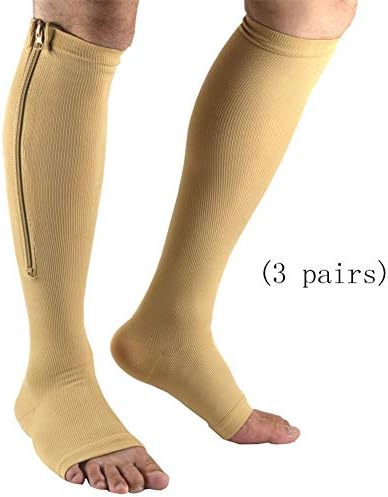 LQFLD Compression Socks for Men & Women,Compression Socks Men Women, Open Toe Leg Support Stocking Knee High Socks with Zipper 15-20 Mmhg (3 Pairs)