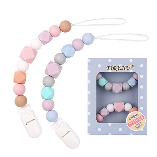 TYRY.HU Pacifier Clip Soother Chains for Baby Girls, BPA Free Soft Silicone Teething Relief Beads Teether Binky Holder Set(2 Pack)