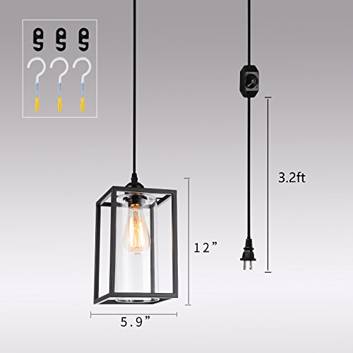HMVPL Plug in Pendant Lighting Fixtures with Long Hanging Cord and Dimmer Switch, Vintage Metal Hanging Chandelier Swag Ceiling Lamp with Glass Shade for Kitchen Island Dining Table Bed-Room Foyer