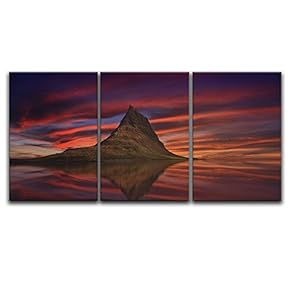 3 Panel Canvas Wall Art - Majestic Landscape with Mountain Under Red Sky at Sunset - Giclee Print Gallery Wrap Modern Home Art Ready to Hang - 16"x24" x 3 Panels