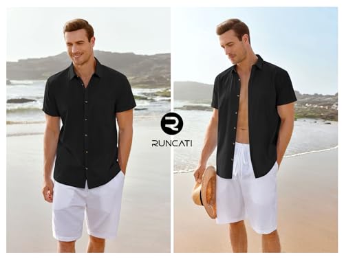 Runcati shirt men short sleeve beach shirt cotton linen reversible collar summer shirt mens leisure tee