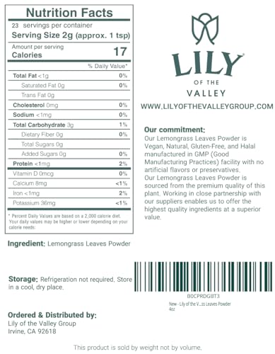 LILY OF THE VALLEY LEMONGRASS POWDER – FRESHLY GROUND DRIED LEMONGRASS – GREAT FOR COOKING & BAKING – 100% RAW – SOURCED FROM INDIA – VEGAN & GLUTEN-FREE – PACKED IN RESEALABLE POUCH (16OZ, 453G)