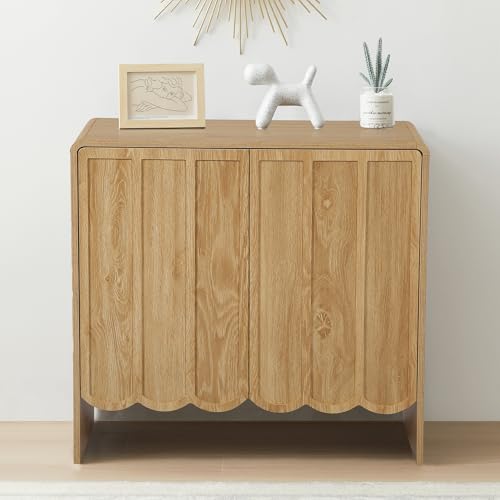 ORRD Accent Sideboard Buffet Cabinet, Storage Cabinet with 2 Doors, Farmhouse Wood Cabinet with Adjustable Shelves and Wave Panel for Living Room, Dining Room, Entry - Natural