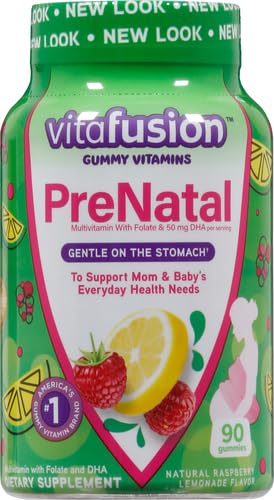 vitafusion PreNatal Gummy Vitamins, Raspberry Lemonade Flavor, Prenatal Vitamin Supplement for Women with Folate and DHA, 45 Day Supply, 90 Count