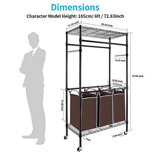 alvorog Garment Rack Rolling Laundry Sorter Cart Heavy-Duty Sorting Hamper Commercial Grade Clothes Rack with 2 Hanging Rod Adjustable Height Shelves 3 Removable Bags for Laundry Room, Black