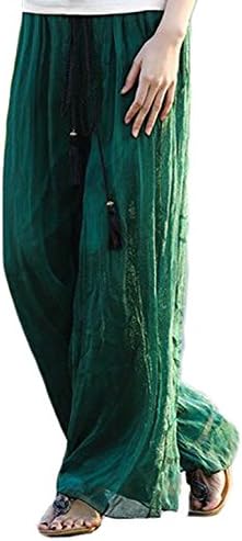 YAELUCKY Women Elastic Waist Retro Vintage Dress Silk Chiffon Pants Long Maxi Skirt (dark green)