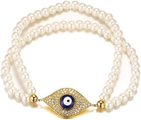 PJ Jewelry Adjustable Cubic Zirconia Evil Eye Charm Simulated Pearl Bracelet for Women,Gold Plated