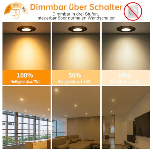 wowatt 10 LED Recessed Spotlights, 230 V, 3 Levels, Dimmable, 7 W LED Spotlights, Black, Flat, IP44 Recessed Lights, 700 lm, Replaces 70 W Halogen Recessed Spotlights, Warm White, 2800 K, Ceiling
