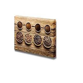 Fresh Roast Coffee Beans of Four Different Varieties with Their Corresponding Ground Powder in Small Dishes - Canvas Art Wall Art - 12" x 18"