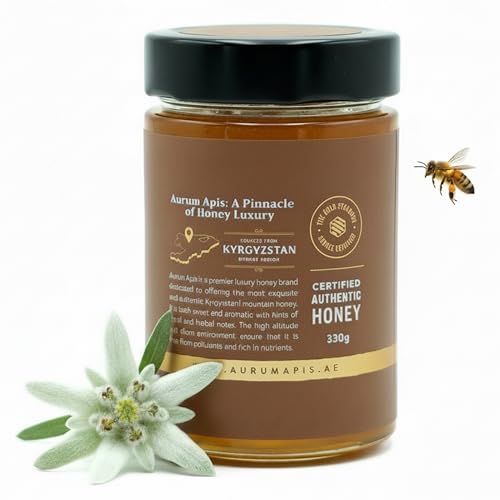 Aurum Apis Raw Kyrgyzstani Mountain Honey - 100% Pure Wild Honey from Kyrgyzstan | Unfiltered Pure Superfood | Natural Immune Support | Natural Sweetener | Non-GMO | Premium 330 Gram Jar