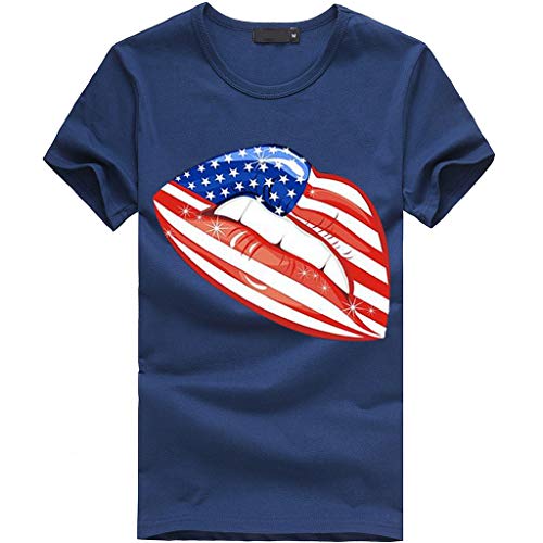 Sanyyanlsy Women's Plus Size Cartoon Mouth-Shaped Stars and Stripes Print T-Shirt Tank Tops Vest Short Sleeve Blouse Navy
