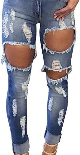 kingfansion Ladies' Broken Jeans Destructive Tearing Distressed Women's Mid-rise Skinny Jeans Slim Pants Legs Jeans Casual Pants Regular Summer and Autumn