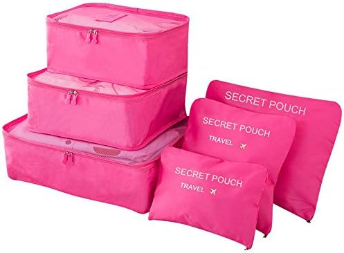 Farway Travel Luggage Organiser Packing Cubes Value Set for Travel Waterproof Nylon Drawstring Dry Bag Zip Bag in Bag Compression Storage Handle Bag Pouch Set of 6pcs Sets(Rose Red)