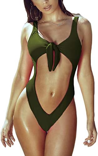Bisting Women's V Neck Tie Front Cutout High Cut One Piece Swimsuit Bathing Suit