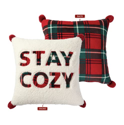 Cozy Bliss 1pcs Buffalo Plaid Throw Pillow Covers 18x18 Inches Christmas Pillow Covers , Embroidered Stay Cozy Decorative Throw Pillow Covers for Holiday Home Decor (Stay Cozy, 18