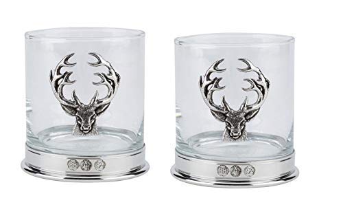 Lead Free pewterware Mounted 12oz Whisky Glass with a stag's Head Emblem in a Presentation Box of 1, 2 or 4 Glasses (2)