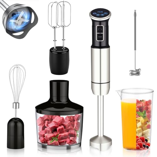 TURU HOME 6 em 1 mixer de mão, 1000W, 8 velocidades, Exibição digital LCD, Vem com um copo de 860 ml, Livre BPA,Triturador de 600 ml, Adequado para sopas, smoothies e purés(220V)
