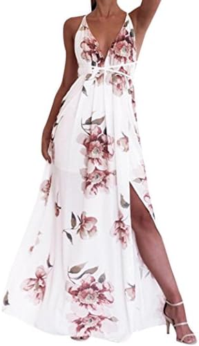 Elogoog Boho Sundress, Womens Summer Halter Floral Printed V Neck Sleeveless Chiffon Split Long Beach Maxi Dress (White, L)