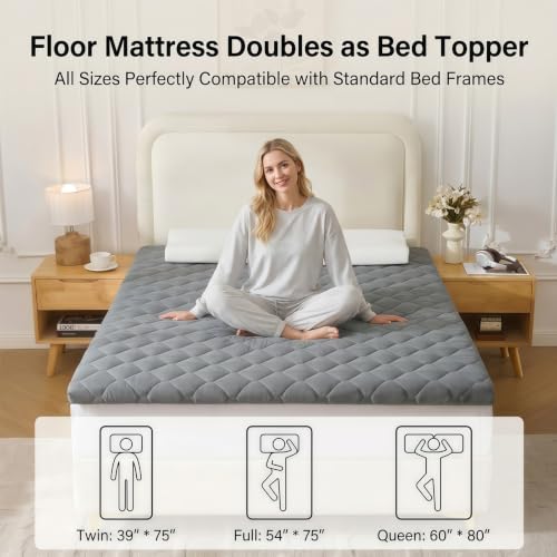 DOWNSTORIA Japanese Floor Mattress, Futon Mattress Roll Up Tatami Mat with Handle, Foldable Floor Bed Sleeping Pad for Camping, Twin Size, Grey(39x75)