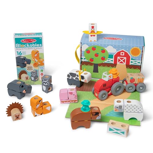 Melissa & Doug Blockables™ Farm and Farm Friends 2-Pack Bundle Connectable Wooden Building Blocks Preschool Play Set Toy